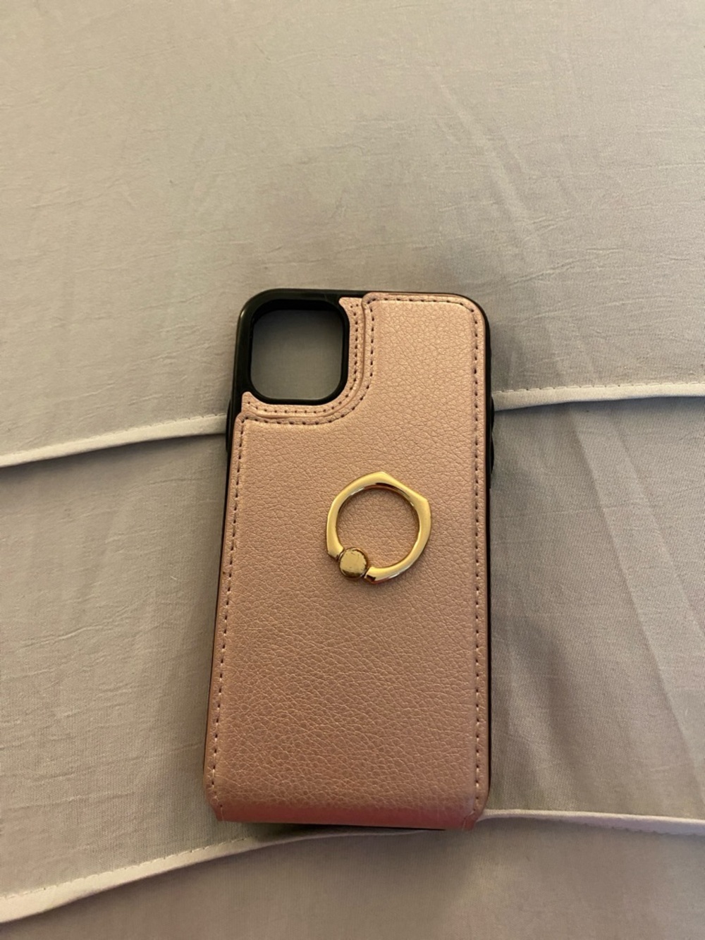 iPhone 11 Rose gold Leather-Texture Phone Case with Gold Ring Grip